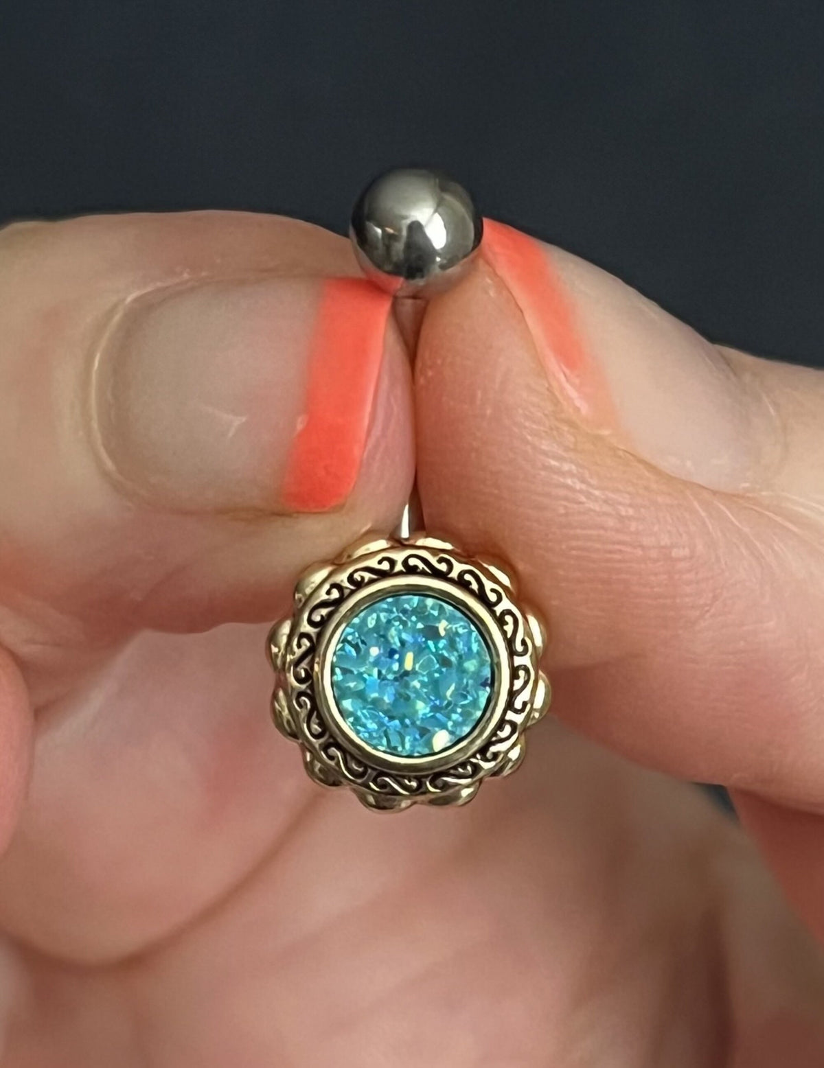 1 Piece Beautiful Druzy Stone Gold Filigree Flower Navel / Naval Belly Ring - 14g - 10mm - Available in Aqua, Pink, Black/Blue & White:)