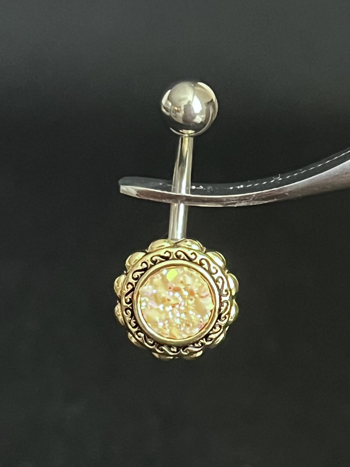 1 Piece Beautiful Druzy Stone Gold Filigree Flower Navel / Naval Belly Ring - 14g - 10mm - Available in Aqua, Pink, Black/Blue & White:)
