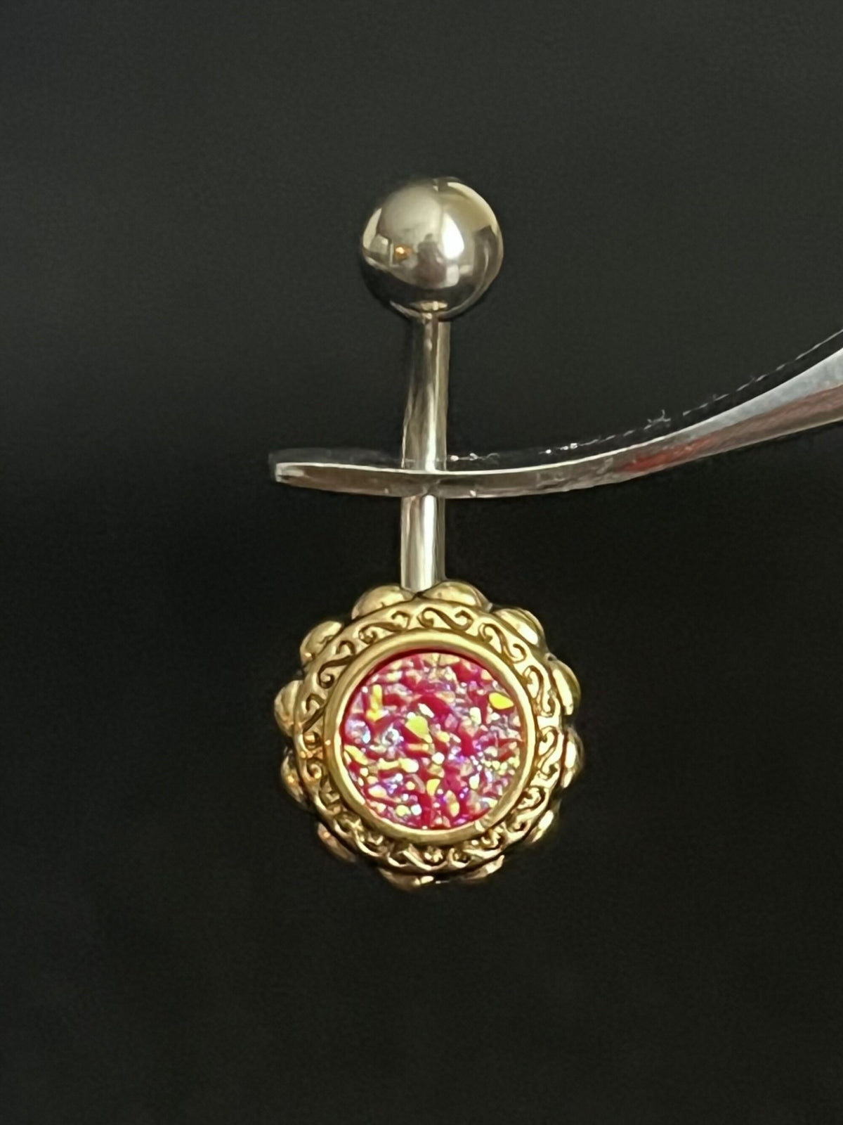 1 Piece Beautiful Druzy Stone Gold Filigree Flower Navel / Naval Belly Ring - 14g - 10mm - Available in Aqua, Pink, Black/Blue & White:)