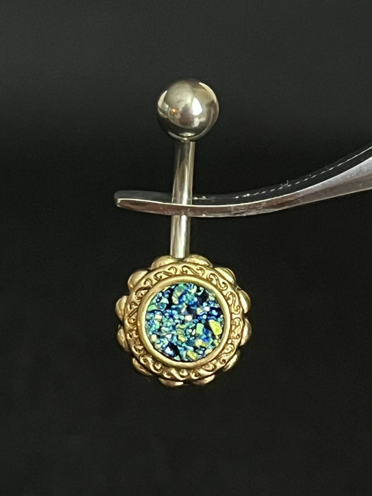 1 Piece Beautiful Druzy Stone Gold Filigree Flower Navel / Naval Belly Ring - 14g - 10mm - Available in Aqua, Pink, Black/Blue & White:)