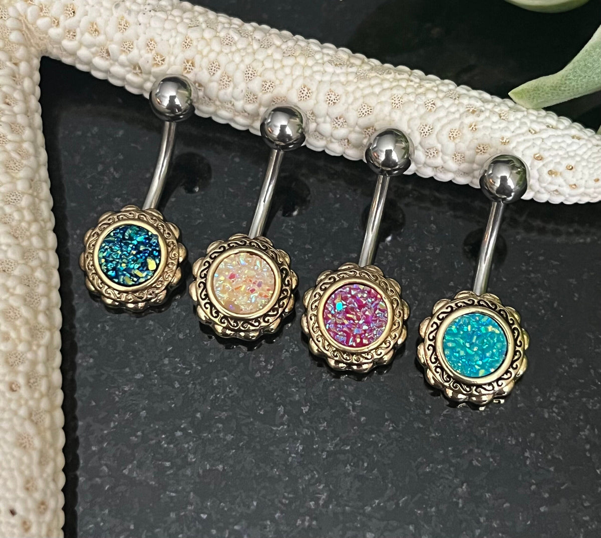 1 Piece Beautiful Druzy Stone Gold Filigree Flower Navel / Naval Belly Ring - 14g - 10mm - Available in Aqua, Pink, Black/Blue & White:)
