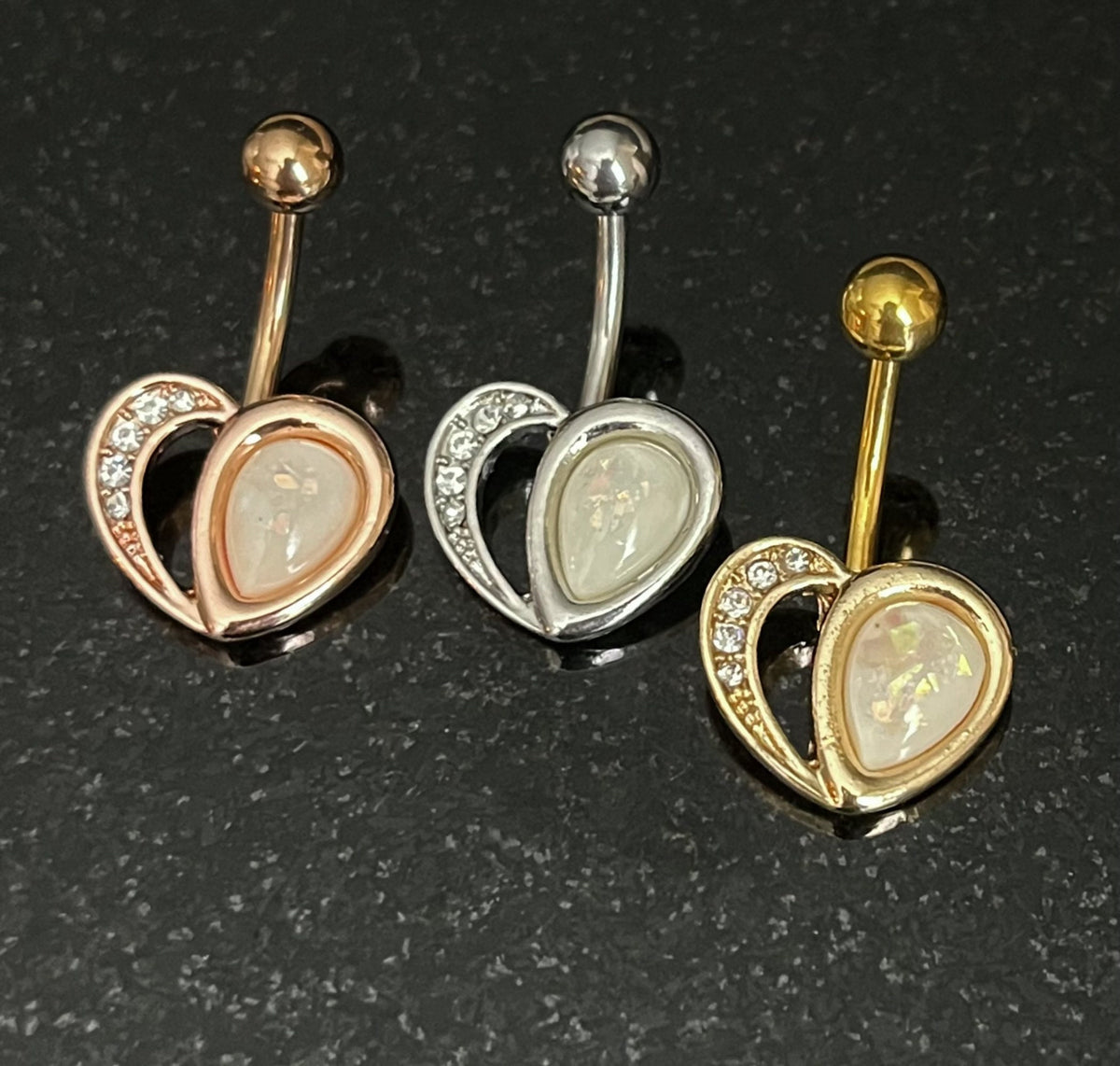 1 Piece Brilliant Crystal Paved Heart with Opal Glitter Navel/Naval Belly Ring - 14g - Aqua, Pink & White in Silver, Gold and Rose Gold!