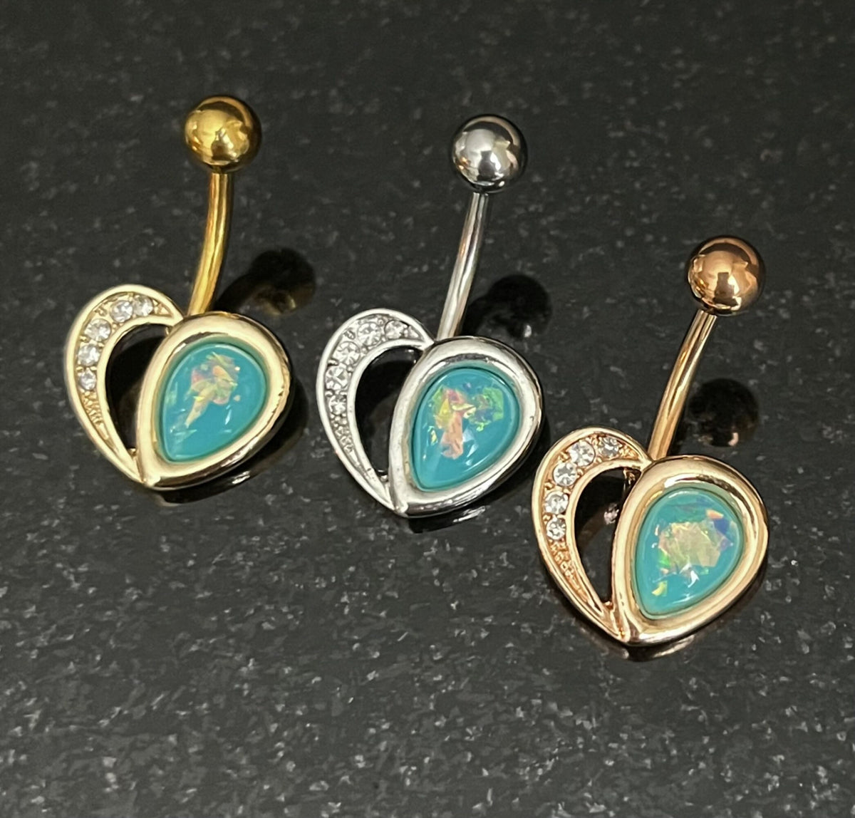 1 Piece Brilliant Crystal Paved Heart with Opal Glitter Navel/Naval Belly Ring - 14g - Aqua, Pink & White in Silver, Gold and Rose Gold!