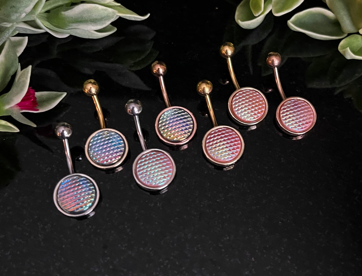 1 Piece Stunning Holographic Dragon Scale 316L Surgical Steel Navel / Naval Belly Ring - 14g - Available in Gold, Rose Gold and Silver!