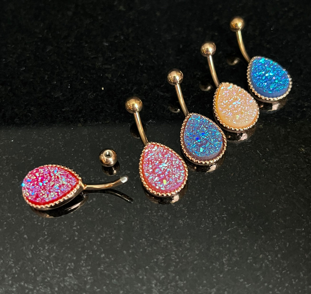 1 Piece Stunning Tear Drop Druzy Stone Teardrop Rose Gold Belly Ring - 14g - Available in a Variety of Colors!