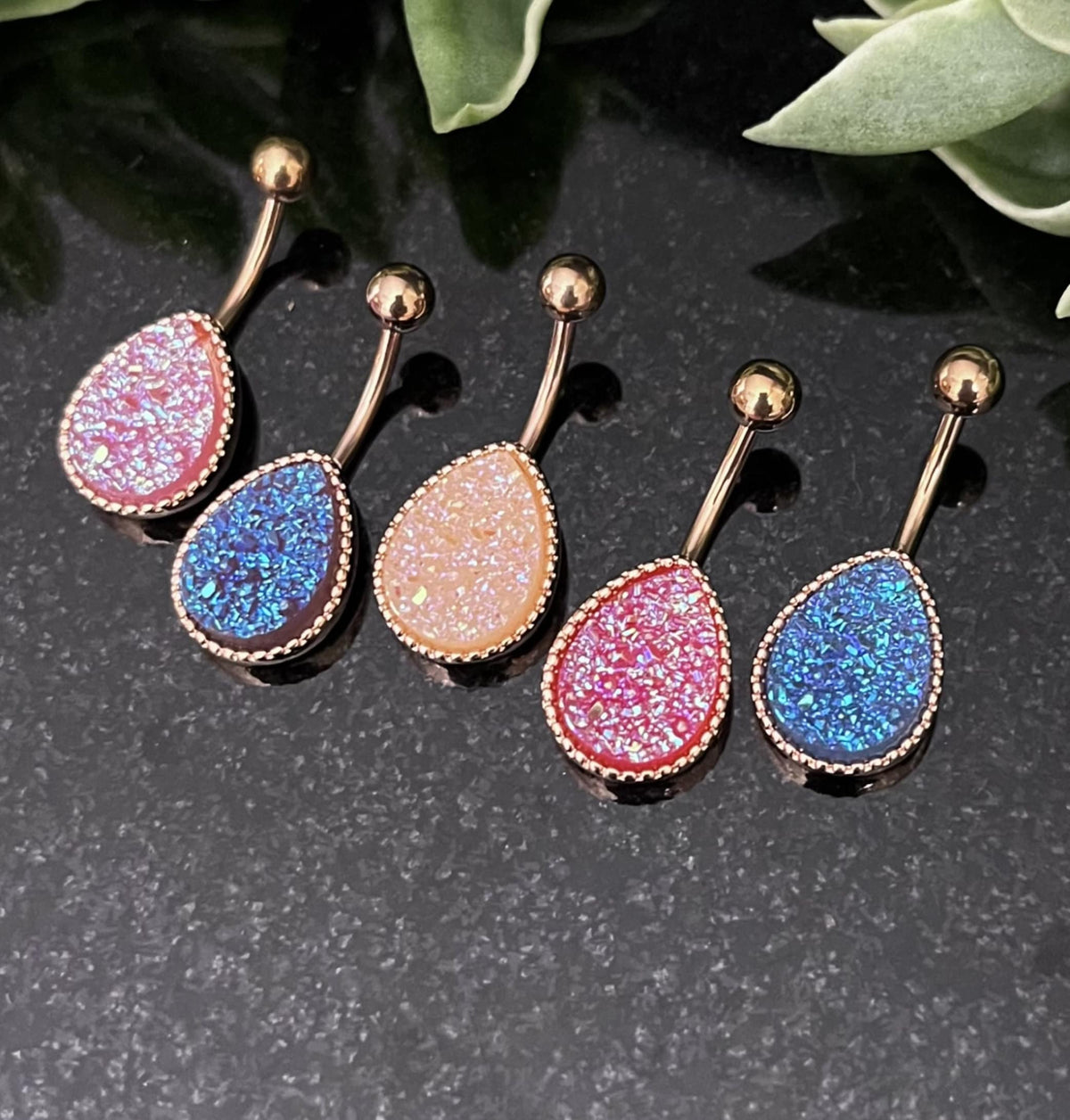 1 Piece Stunning Tear Drop Druzy Stone Teardrop Rose Gold Belly Ring - 14g - Available in a Variety of Colors!