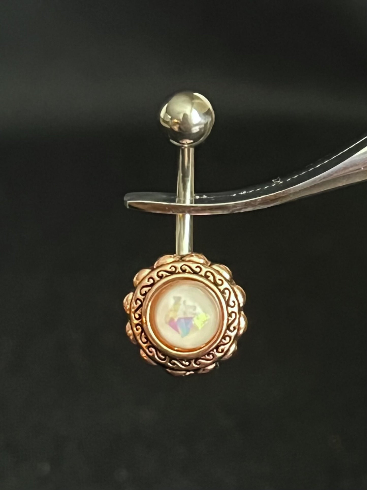 1 Piece Stunning Rose Gold Filigree Flower Opal Glitter Center Navel / Naval Belly Ring - 14g - Aqua, White, Pink & Green Available:)