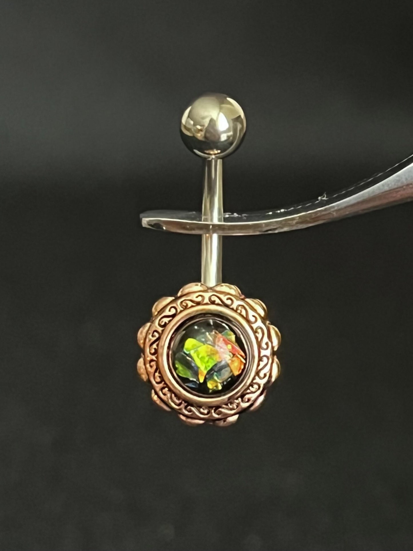 1 Piece Stunning Rose Gold Filigree Flower Opal Glitter Center Navel / Naval Belly Ring - 14g - Aqua, White, Pink & Green Available:)