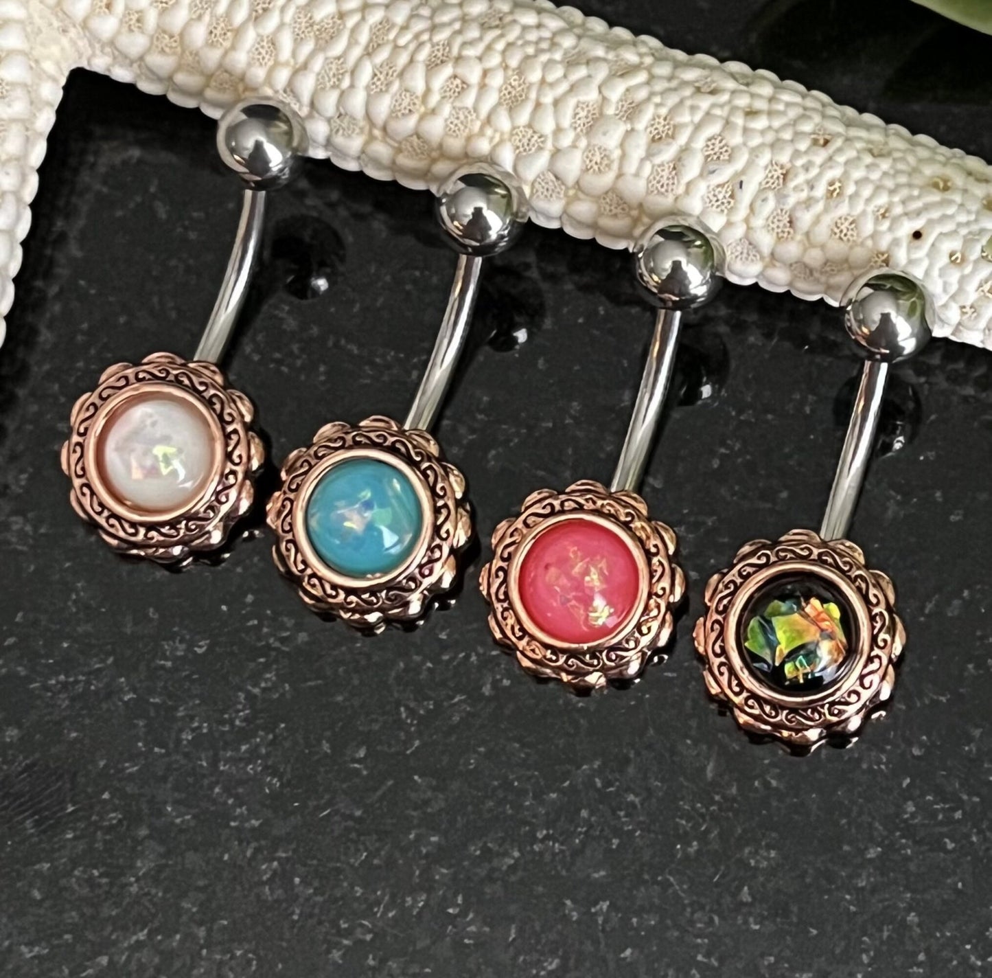 1 Piece Stunning Rose Gold Filigree Flower Opal Glitter Center Navel / Naval Belly Ring - 14g - Aqua, White, Pink & Green Available:)