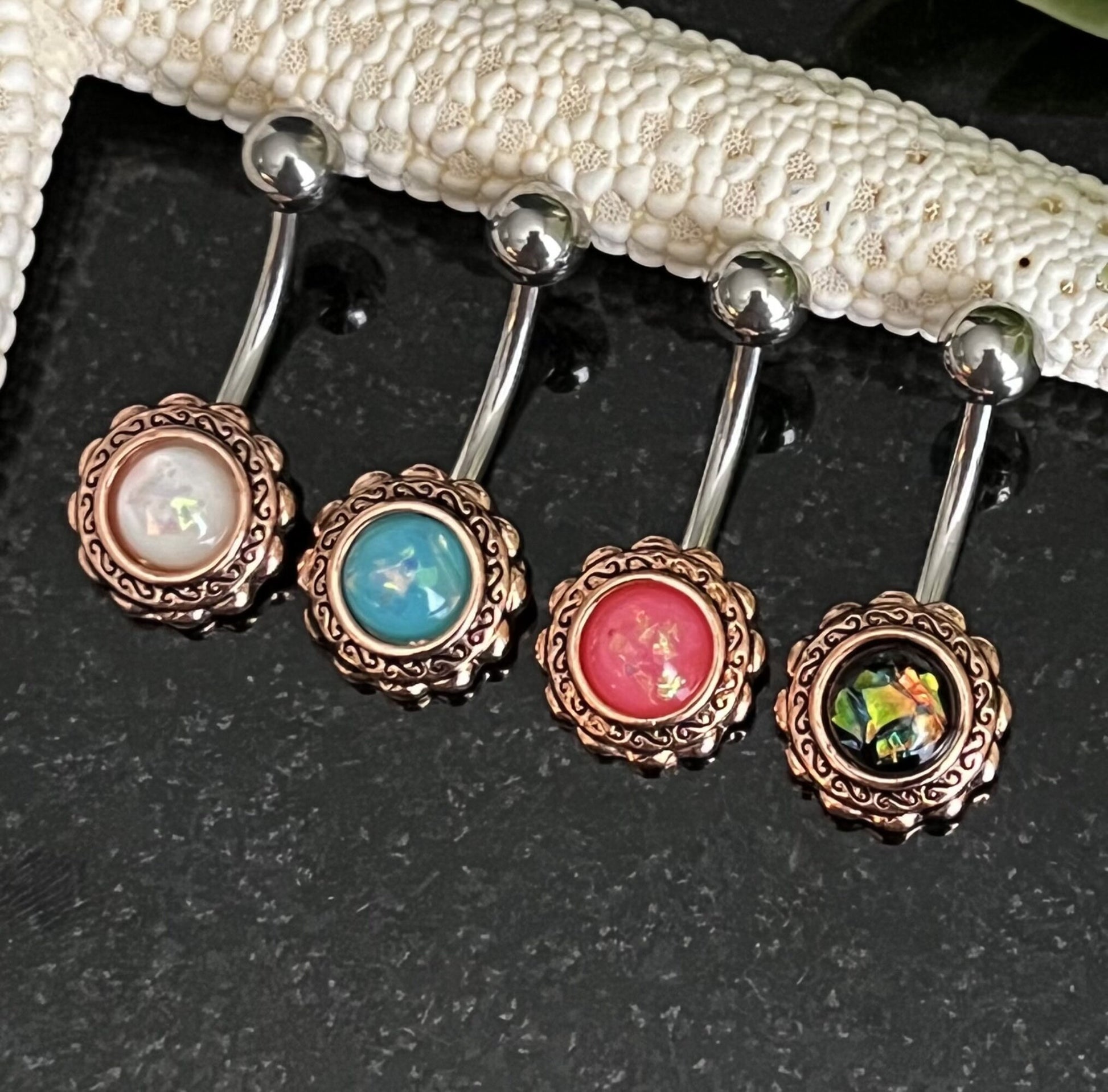 1 Piece Stunning Rose Gold Filigree Flower Opal Glitter Center Navel / Naval Belly Ring - 14g - Aqua, White, Pink & Green Available:)