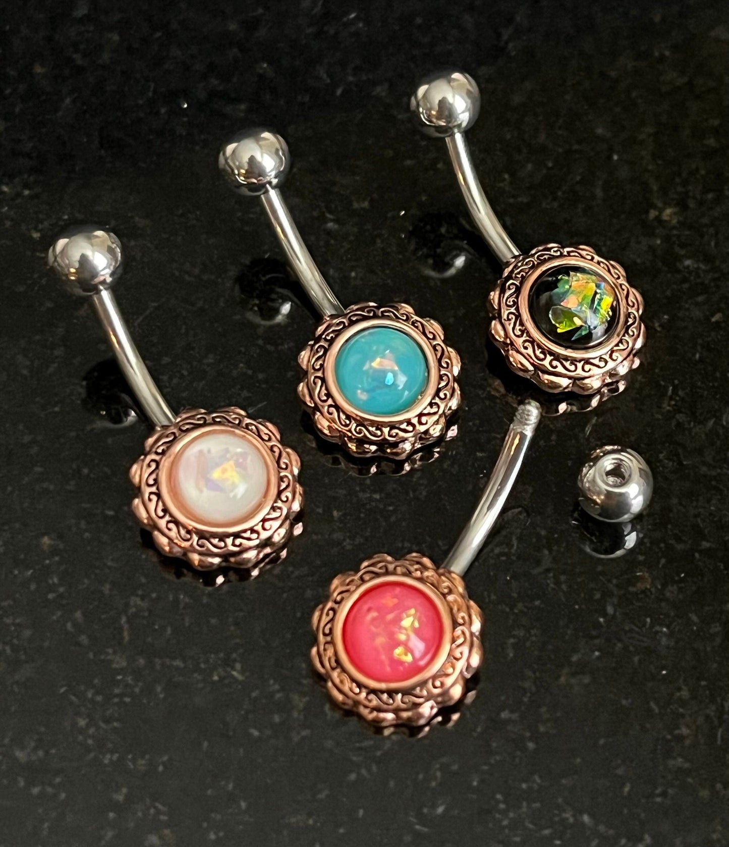 1 Piece Stunning Rose Gold Filigree Flower Opal Glitter Center Navel / Naval Belly Ring - 14g - Aqua, White, Pink & Green Available:)