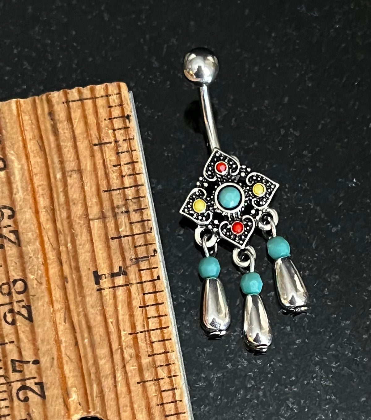 1 Piece Unique Tribal Square Flower with Bead Dangles Navel / Naval Belly Ring - 14g - 10mm - Gold and Silver Available!