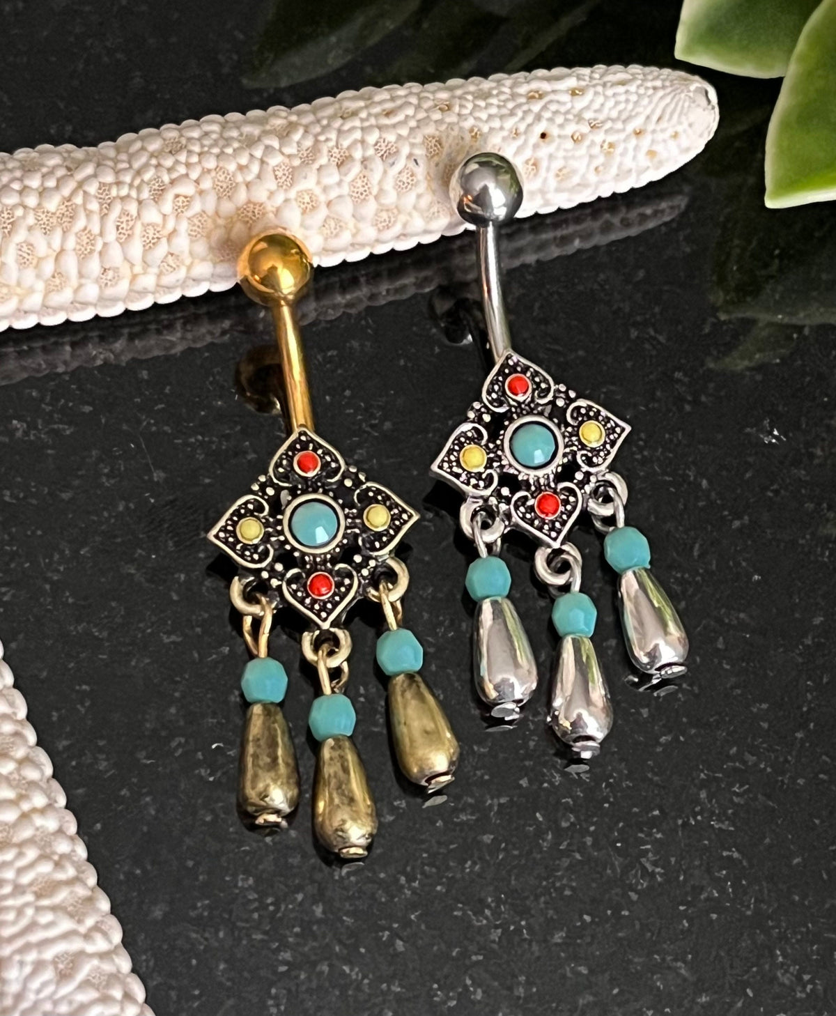 1 Piece Unique Tribal Square Flower with Bead Dangles Navel / Naval Belly Ring - 14g - 10mm - Gold and Silver Available!
