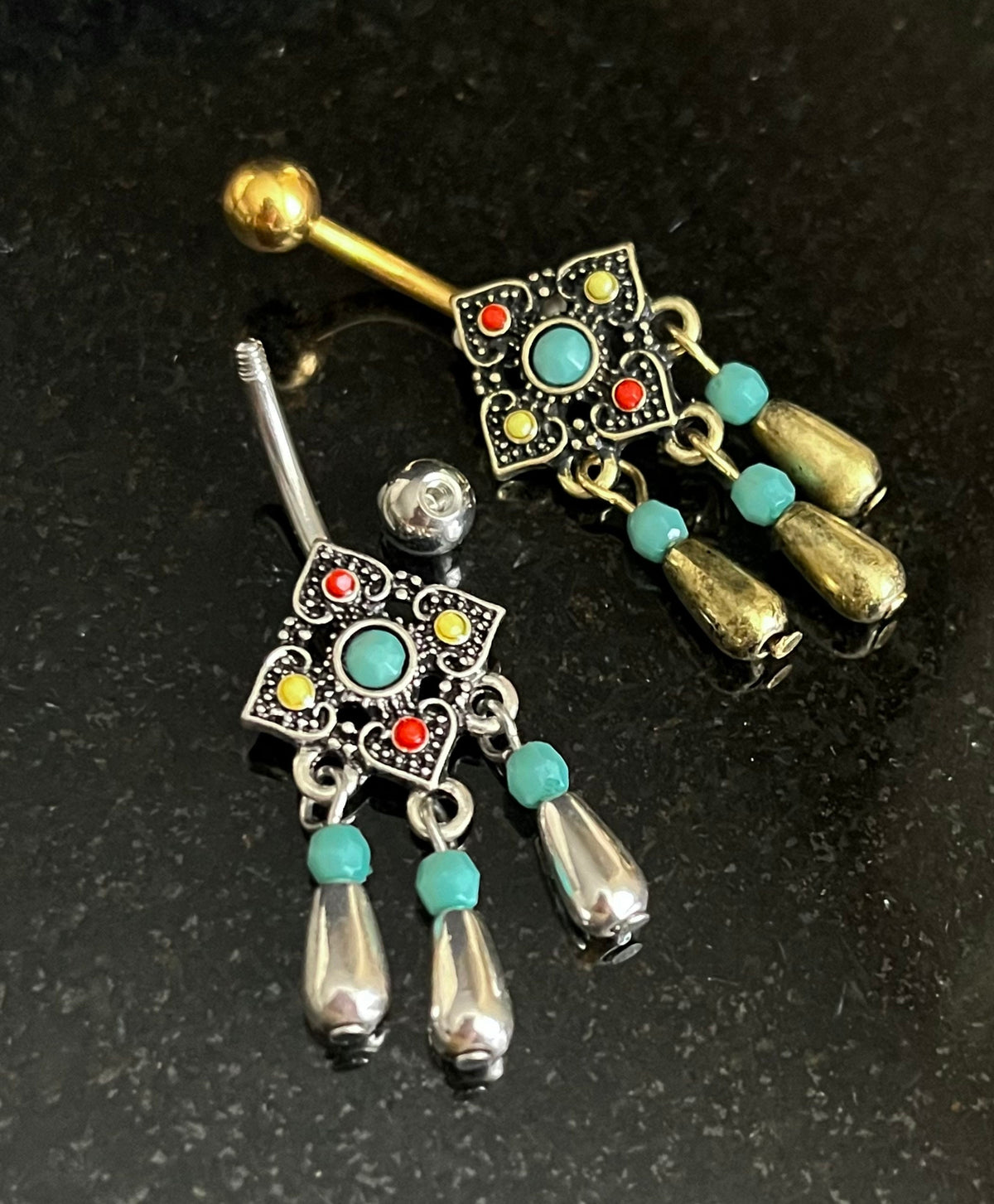 1 Piece Unique Tribal Square Flower with Bead Dangles Navel / Naval Belly Ring - 14g - 10mm - Gold and Silver Available!