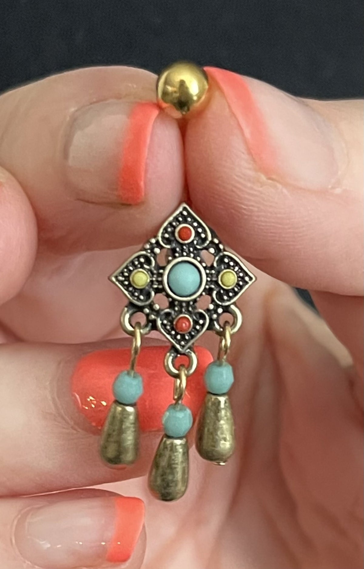 1 Piece Unique Tribal Square Flower with Bead Dangles Navel / Naval Belly Ring - 14g - 10mm - Gold and Silver Available!