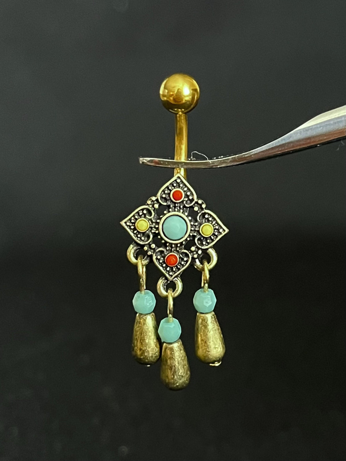 1 Piece Unique Tribal Square Flower with Bead Dangles Navel / Naval Belly Ring - 14g - 10mm - Gold and Silver Available!