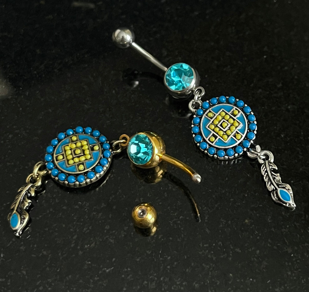 1 Piece Unique Aztec Turquoise Paved Circle with Feather Dangle Navel / Naval Belly Ring - 14g - 10mm - Gold and Silver Available!