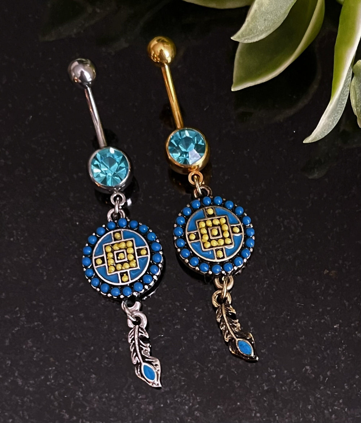 1 Piece Unique Aztec Turquoise Paved Circle with Feather Dangle Navel / Naval Belly Ring - 14g - 10mm - Gold and Silver Available!