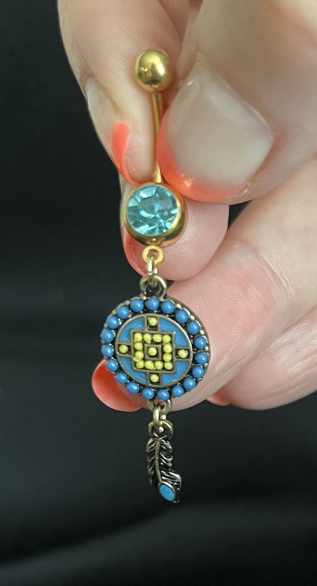 1 Piece Unique Aztec Turquoise Paved Circle with Feather Dangle Navel / Naval Belly Ring - 14g - 10mm - Gold and Silver Available!