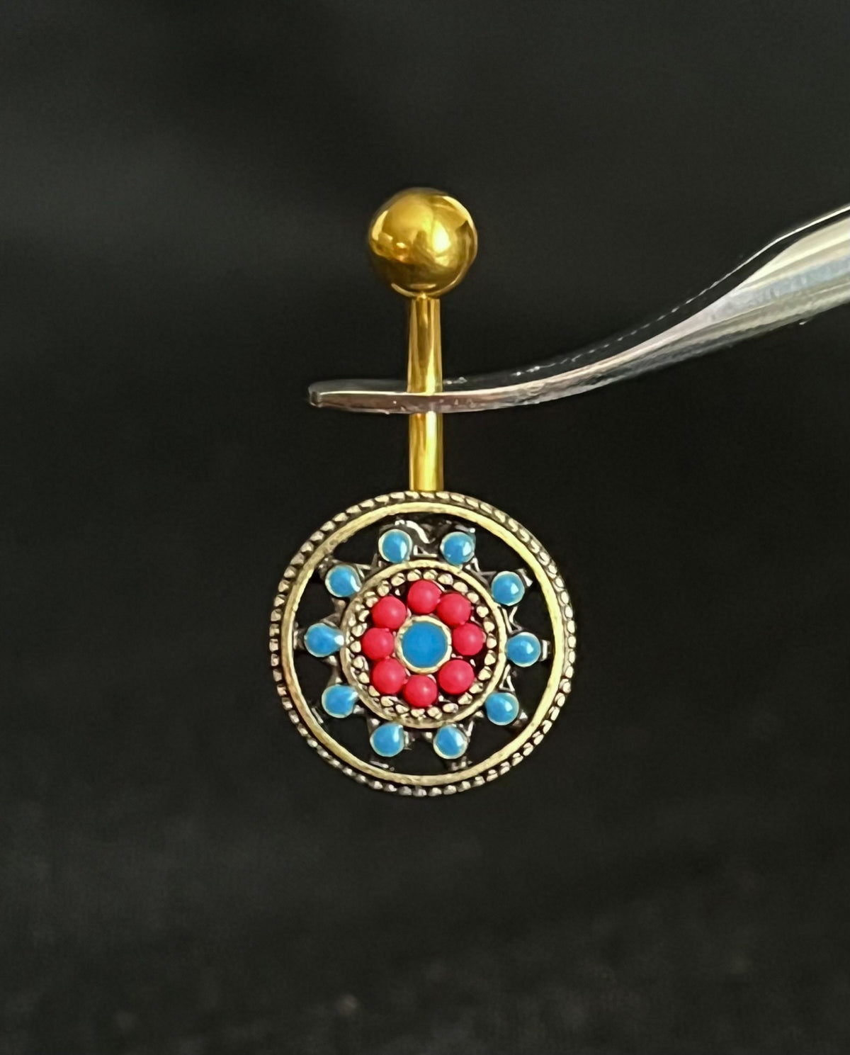 1 Piece Unique Aztec Turquoise Paved Circle with Feather Dangle Navel / Naval Belly Ring - 14g - 10mm - Gold and Silver Available!