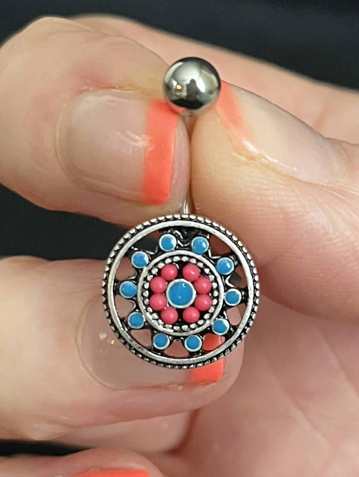 1 Piece Unique Aztec Turquoise Paved Circle with Feather Dangle Navel / Naval Belly Ring - 14g - 10mm - Gold and Silver Available!
