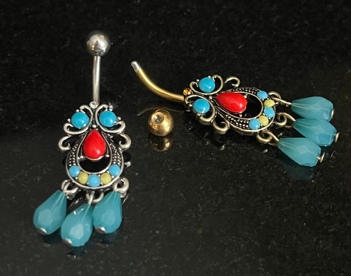 1 Piece Unique Turquoise Set Tribal Filigree with Dangles Navel / Naval Belly Ring - 14g - 10mm - Gold and Silver Available!