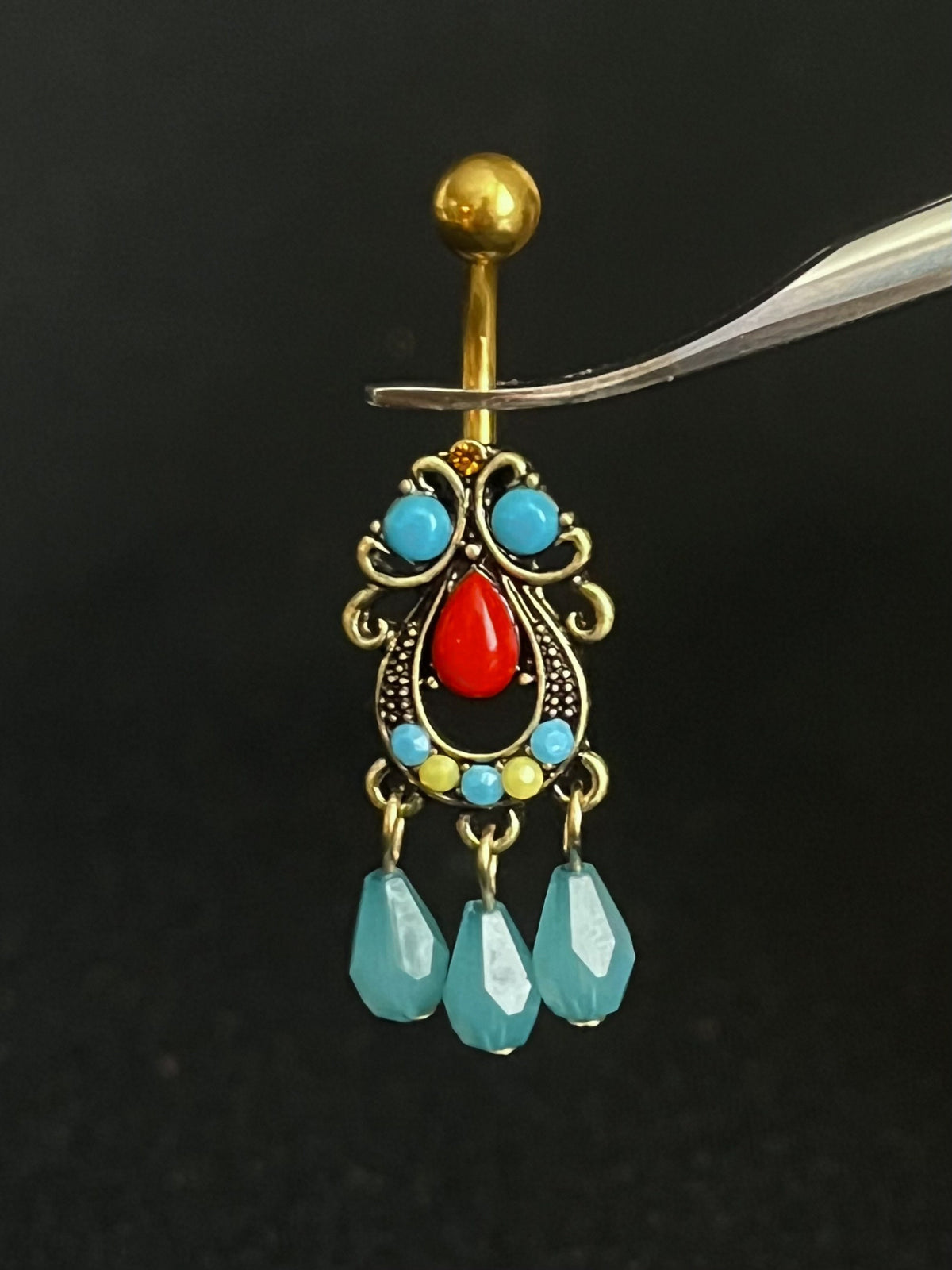 1 Piece Unique Turquoise Set Tribal Filigree with Dangles Navel / Naval Belly Ring - 14g - 10mm - Gold and Silver Available!