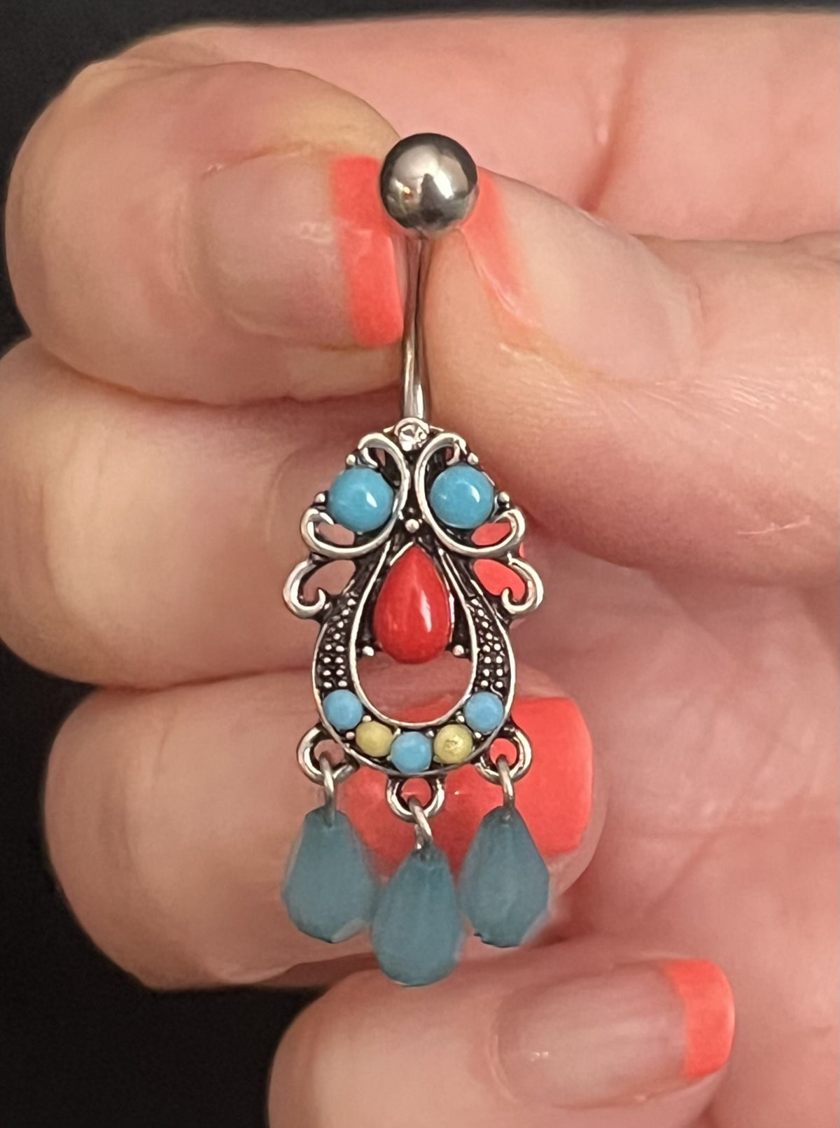 1 Piece Unique Turquoise Set Tribal Filigree with Dangles Navel / Naval Belly Ring - 14g - 10mm - Gold and Silver Available!