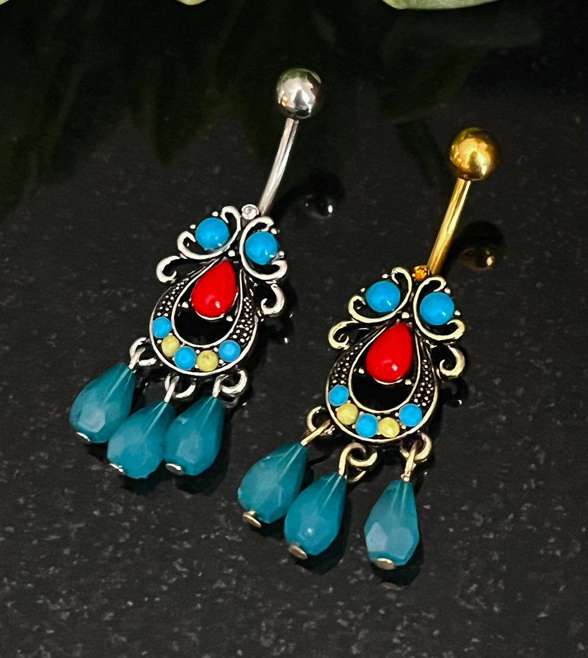 1 Piece Unique Turquoise Set Tribal Filigree with Dangles Navel / Naval Belly Ring - 14g - 10mm - Gold and Silver Available!
