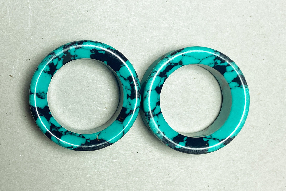 PAIR of Stunning Black & Teal Synthetic Turquoise Stone Double Flare Tunnels/Plugs - Gauges 2g (6mm) to 1" (25mm) Available!