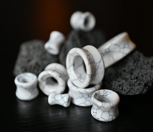 PAIR of Beautiful White Synthetic Turquoise Stone Stone Double Flare Tunnels/Plugs - Gauges 2g (6mm) to 1" (25mm) Available!