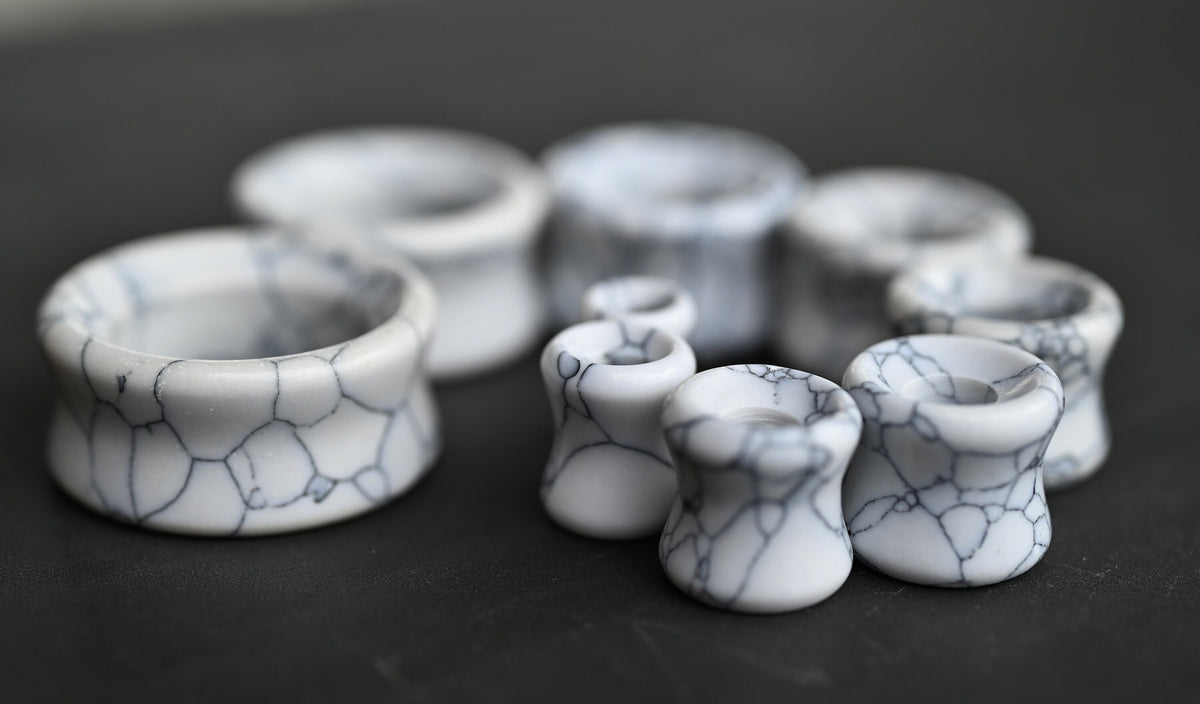 PAIR of Beautiful White Synthetic Turquoise Stone Stone Double Flare Tunnels/Plugs - Gauges 2g (6mm) to 1" (25mm) Available!