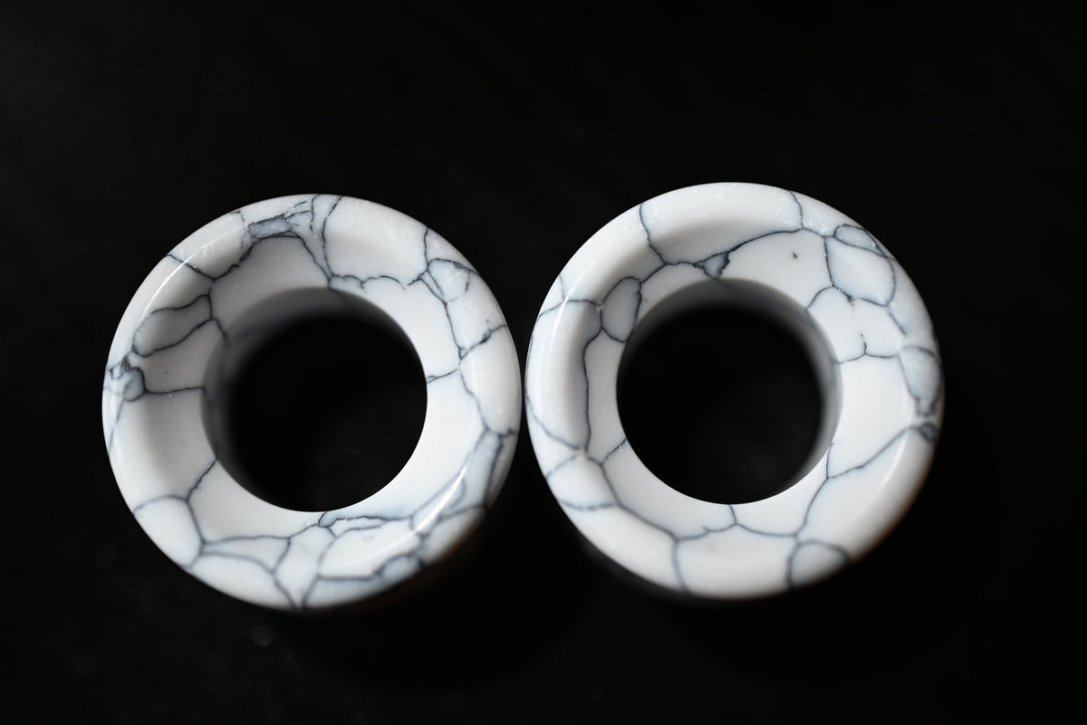 PAIR of Beautiful White Synthetic Turquoise Stone Stone Double Flare Tunnels/Plugs - Gauges 2g (6mm) to 1" (25mm) Available!