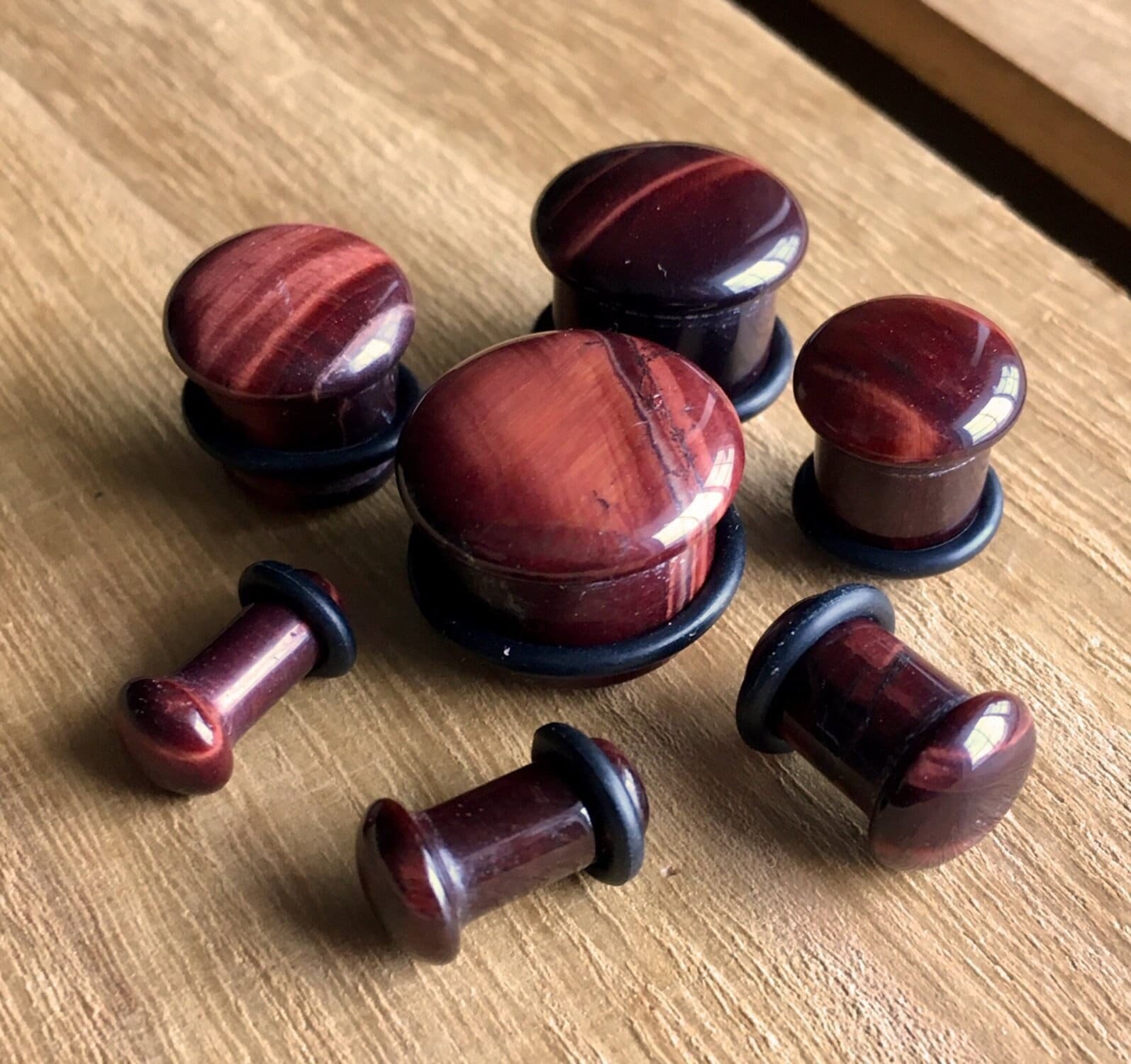 PAIR of Single Flare Red Tiger Eye Stone Plugs with O-Rings - Gauges 4g (5mm) up to 5/8" (16mm) available!