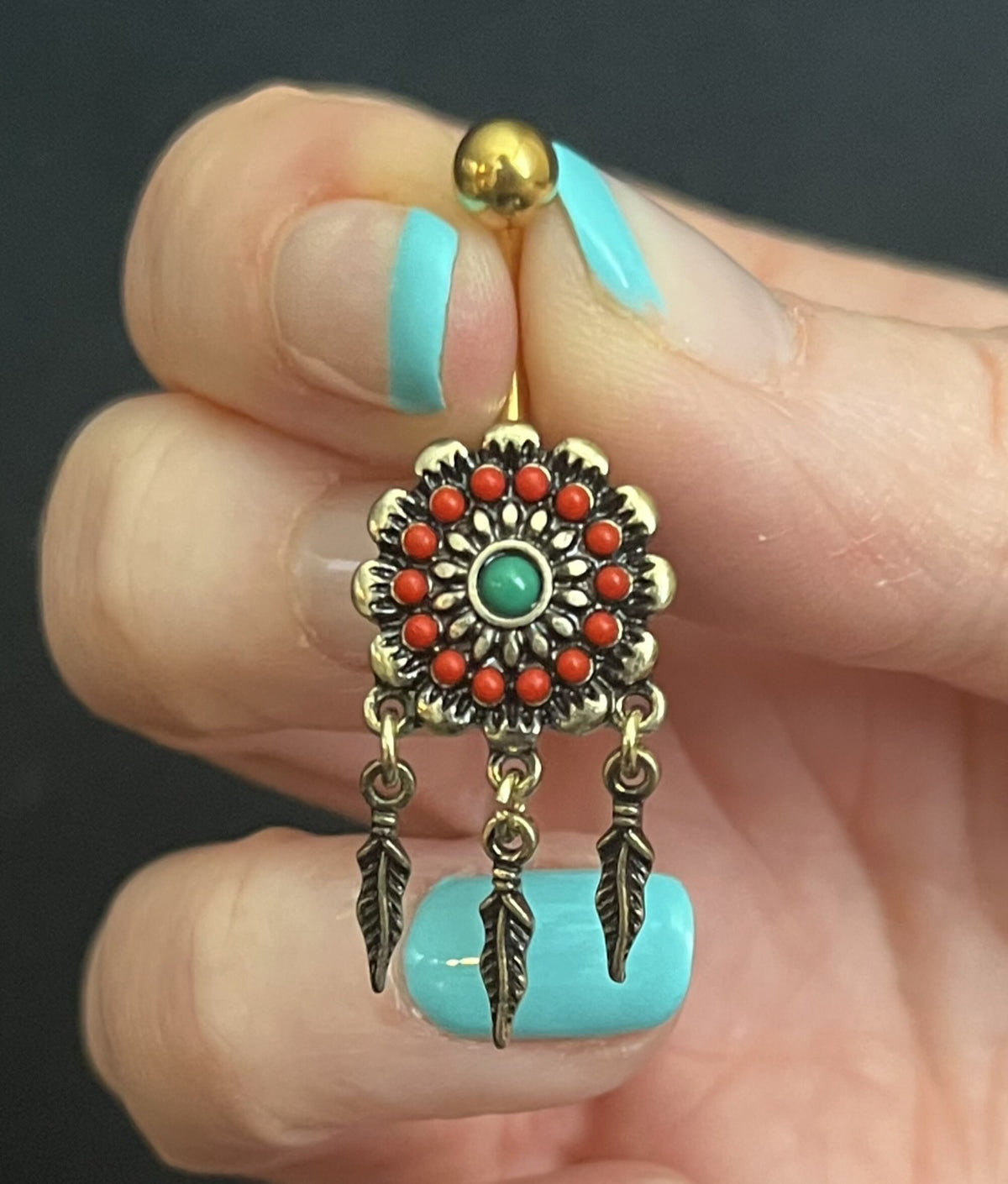 1 Piece Unique Tribal Flower Belly Button Ring with Feather Dangles Navel / Naval - 14g - 10mm - Gold and Silver Available!