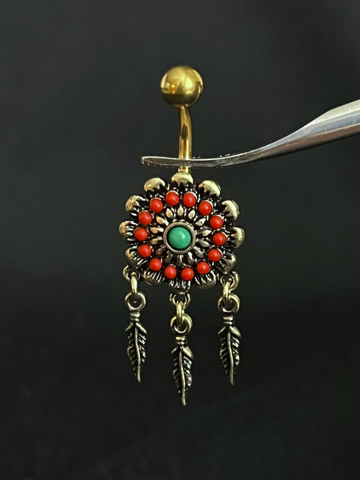 1 Piece Unique Tribal Flower Belly Button Ring with Feather Dangles Navel / Naval - 14g - 10mm - Gold and Silver Available!