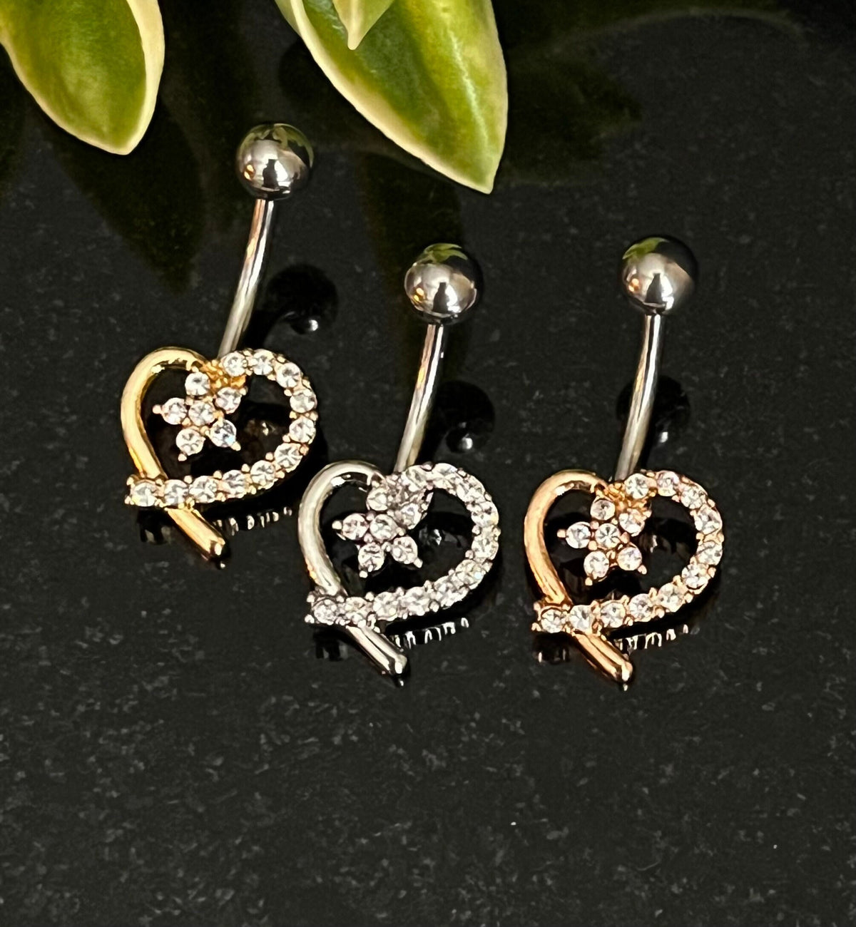 1 Piece Stunning Heart with Flower Center CZ Gem Navel / Naval Belly Ring - 14g - 10mm - Gold, Steel and Rose Gold Available!