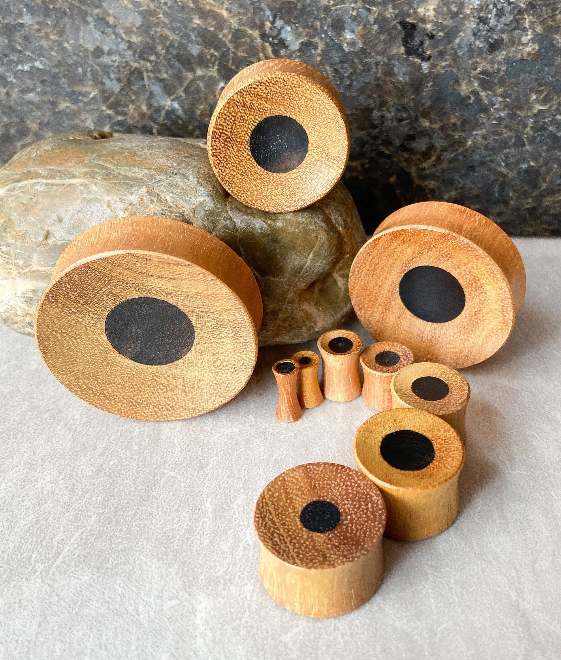 PAIR of Unique Concave Jackfruit Wood with an Areng Wood Center Plugs - Gauges 1" (25mm) thru 52mm (a little over 2") available!