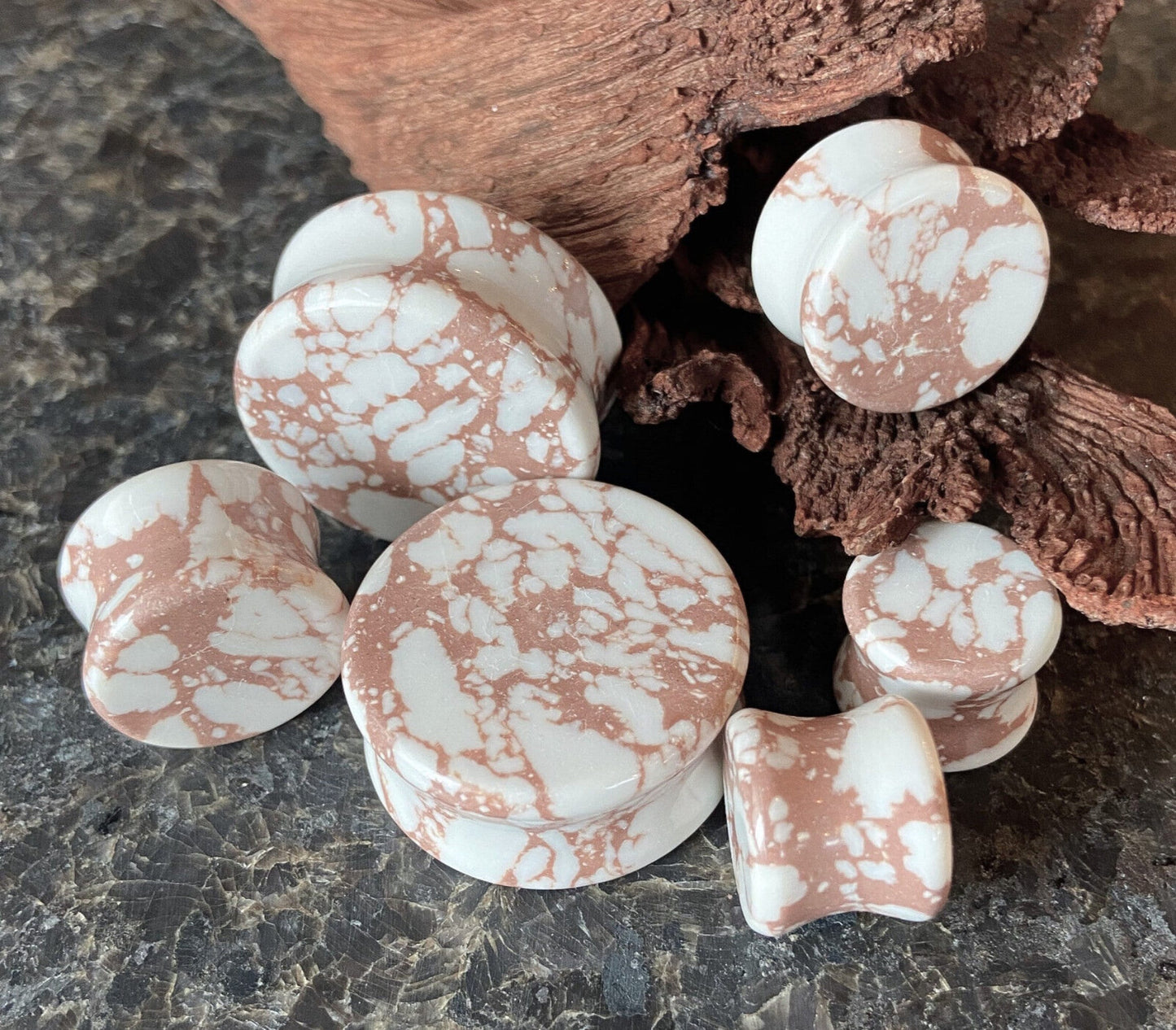 PAIR of Beautiful White & Brown Synthetic Stone Double Flare Plugs - Gauges 2g (6mm) thru 1" (25mm) available!