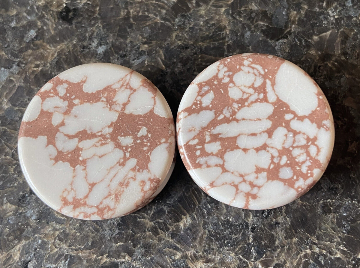 PAIR of Beautiful White & Brown Synthetic Stone Double Flare Plugs - Gauges 2g (6mm) thru 1" (25mm) available!