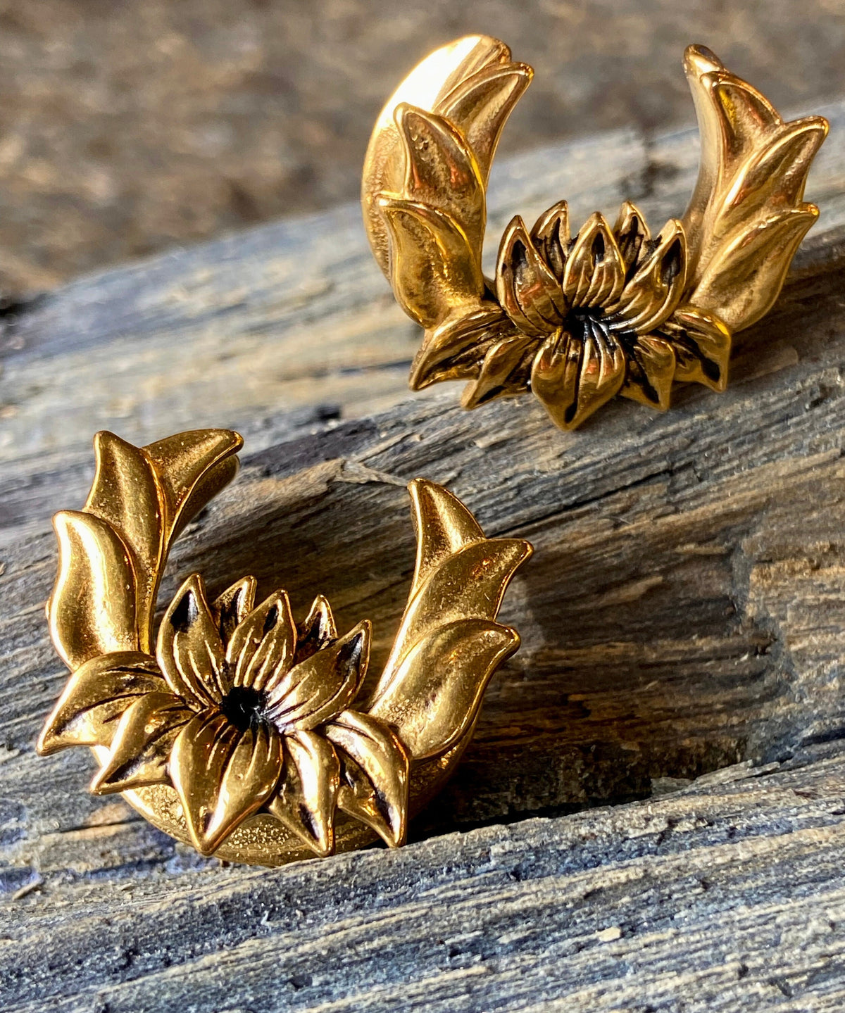 PAIR of Unique Gold Plated Lotus Flower Ear Spreader Surgical Steel Tunnels/Plugs - Gauges 0g (8mm) through 3/4" (19mm) available!