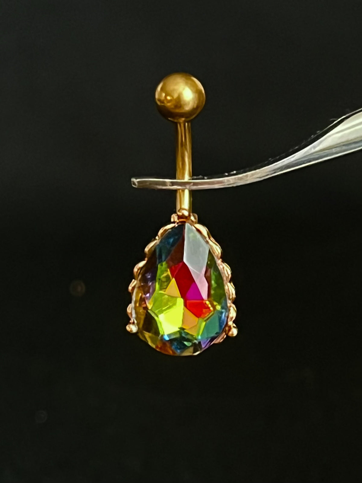 1 Piece Brilliant AB Effect Tear Drop Gem with Heart Filigree Back Rose Gold Belly Ring - 14g - Available in a Variety of Colors!