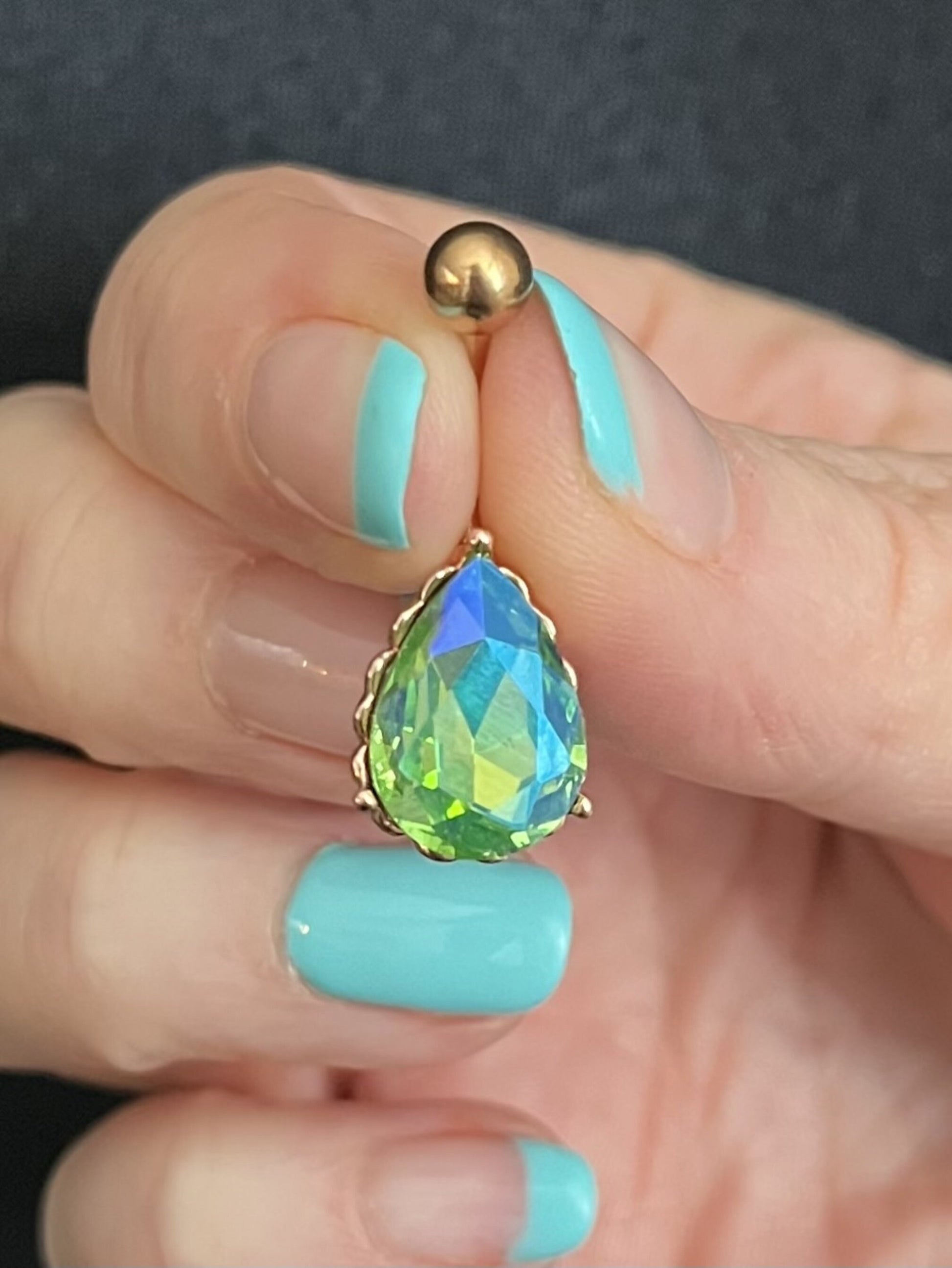 1 Piece Brilliant AB Effect Tear Drop Gem with Heart Filigree Back Rose Gold Belly Ring - 14g - Available in a Variety of Colors!