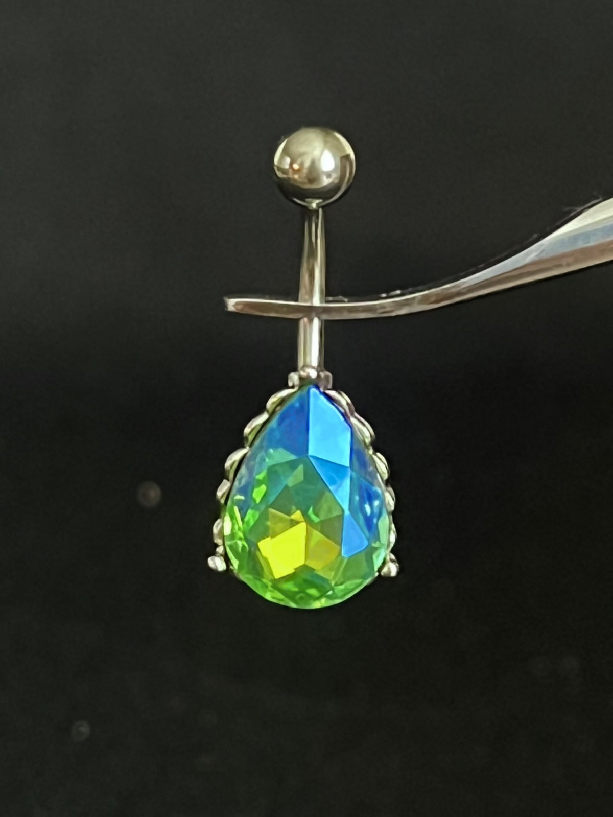 1 Piece Stunning AB Effect Tear Drop Gem with Heart Filigree Back Steel Belly Ring - 14g - Available in a Variety of Colors!