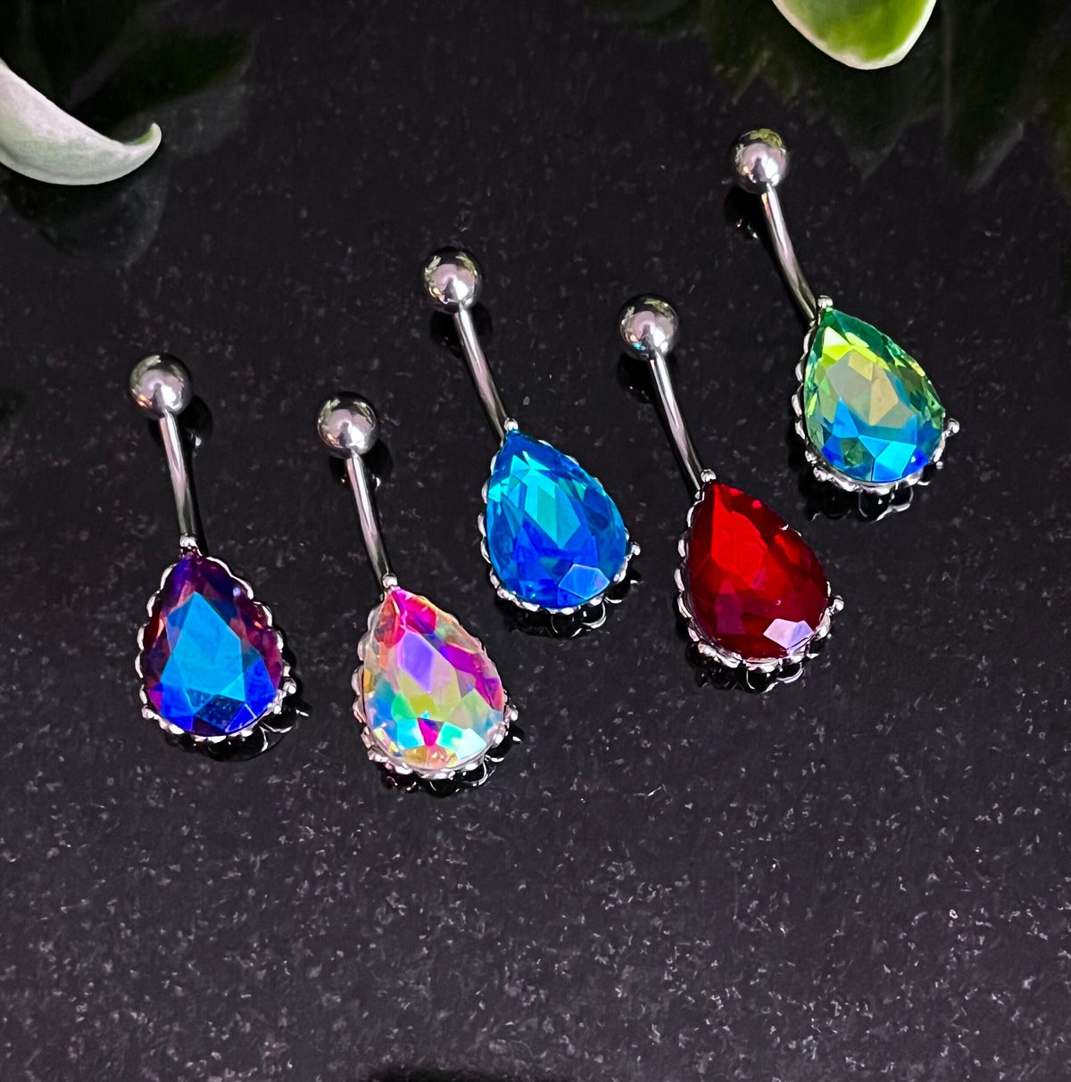 1 Piece Stunning AB Effect Tear Drop Gem with Heart Filigree Back Steel Belly Ring - 14g - Available in a Variety of Colors!