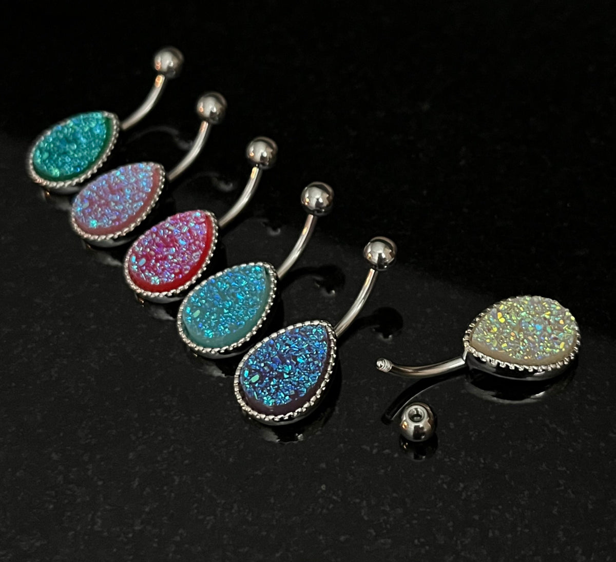 1 Piece Beautiful Tear Drop Druzy Stone Teardrop Steel Belly Ring - 14g - Available in a Variety of Colors!