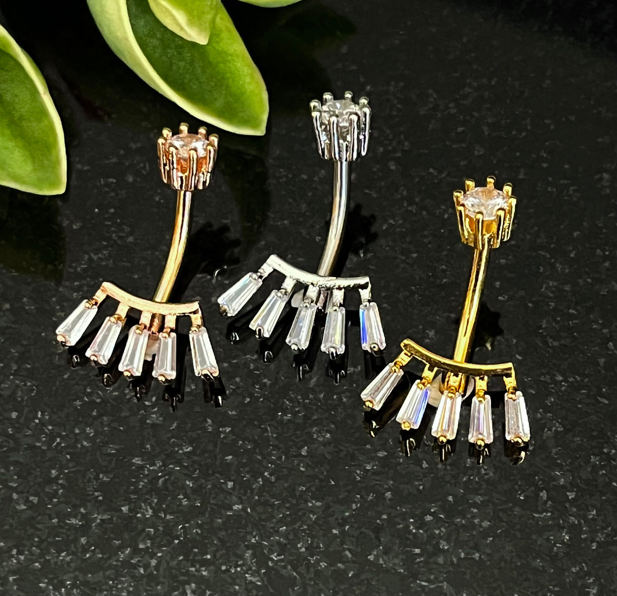 1 Piece Stunning Princess Cut CZ Gem Fan Internal Threaded Navel / Naval Belly Ring - 14g - 10mm - Gold, Steel and Rose Gold Available!