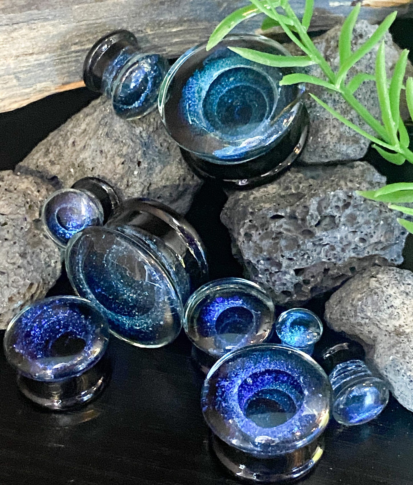 PAIR of Stunning Blue Vortex Swirl Design Pyrex Glass Double Flare Plugs/Tunnels - Gauges 2g (6mm) through 1" (25mm) available!