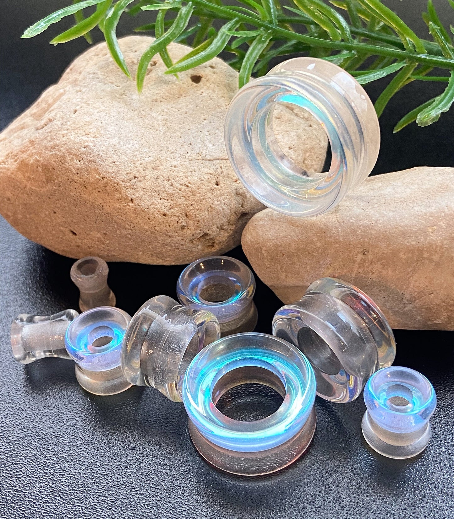 PAIR of Unique Aurora Borealis Iridescent Glass Double Flare Tunnels/Plugs - Gauges 2g (6mm) to 1" (25mm) available!