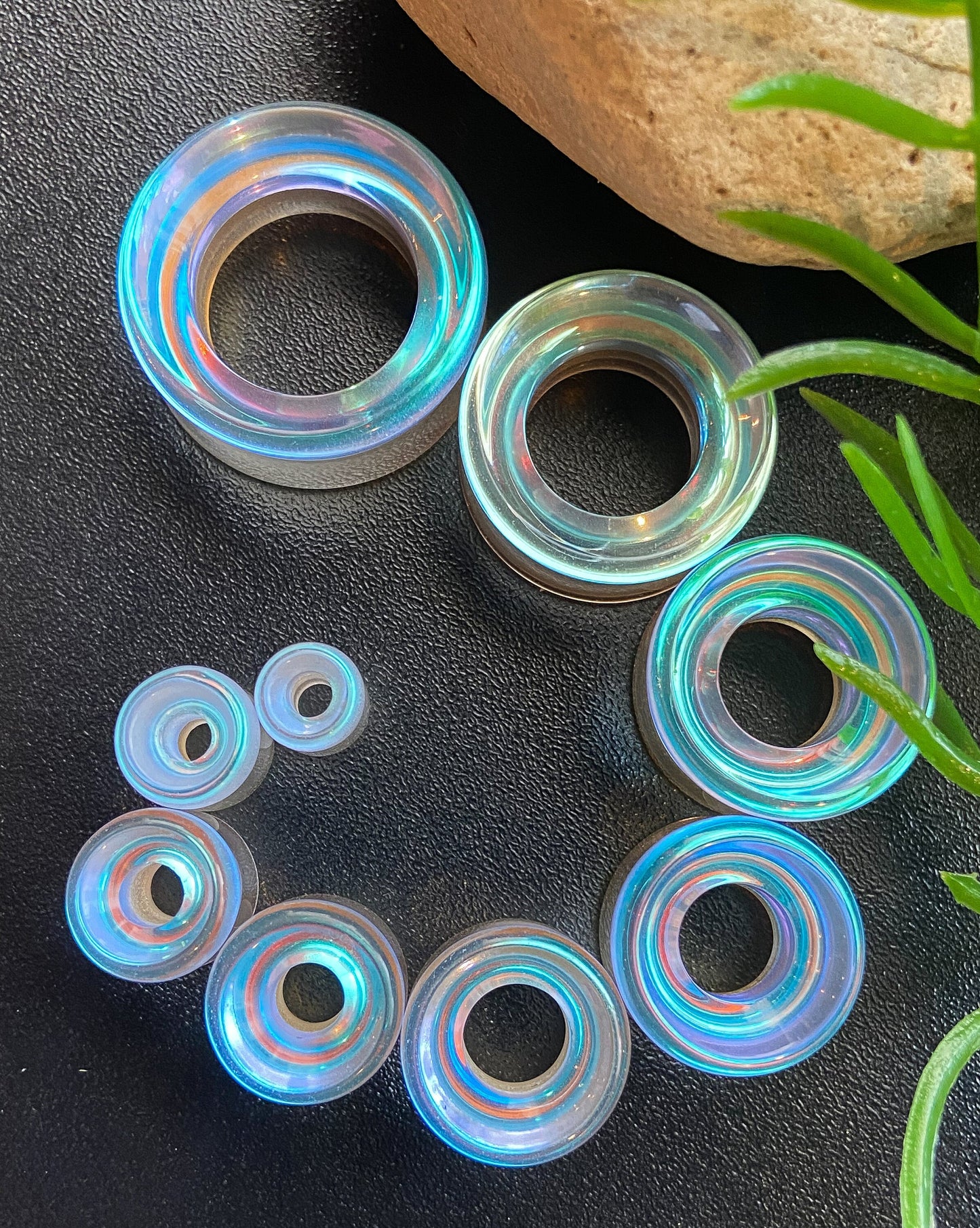 PAIR of Unique Aurora Borealis Iridescent Glass Double Flare Tunnels/Plugs - Gauges 2g (6mm) to 1" (25mm) available!